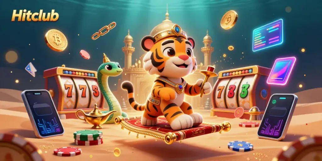 Hitclub showcases vibrant casino excitement with a tiger sultan character and bright slot machines.