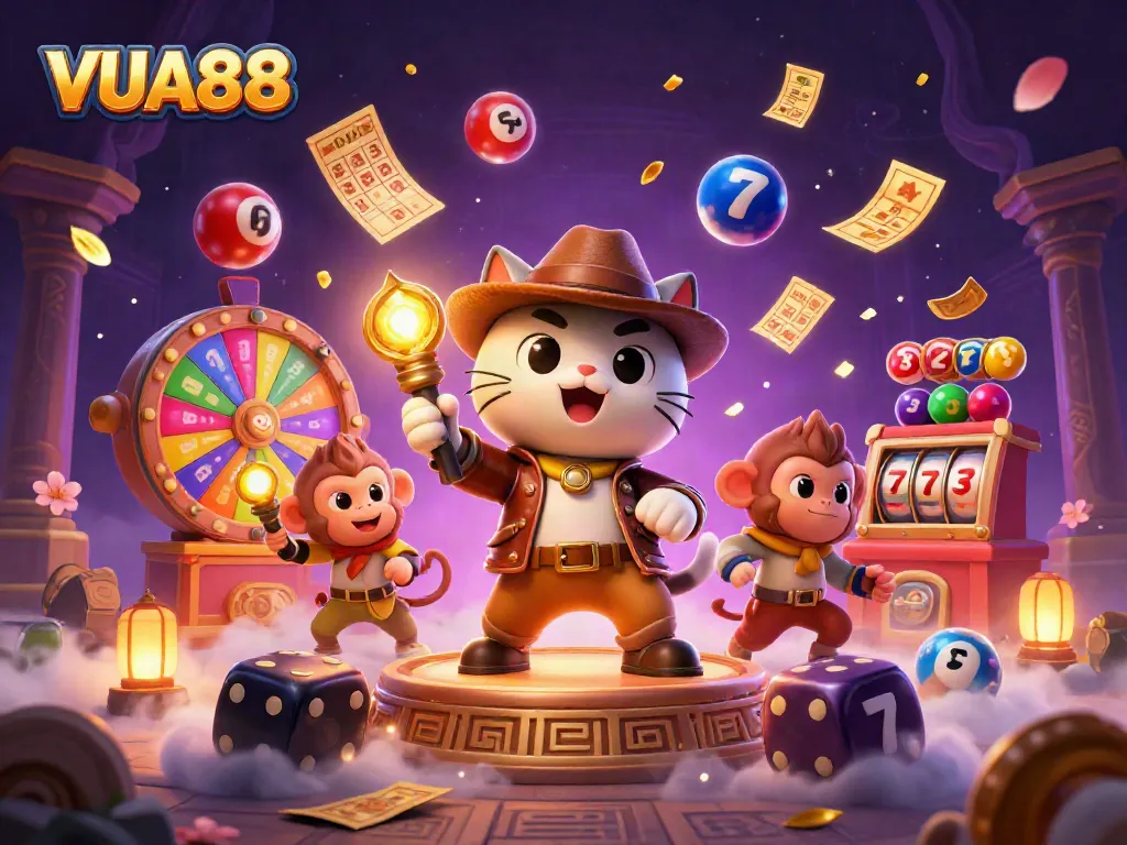 Join the adventure with VUA88 as a cat archaeologist uncovers treasures in a lively casino scene.