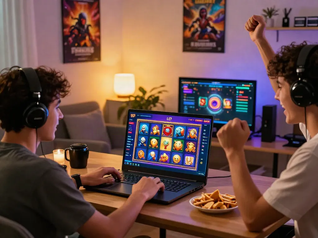 Gamer merayakan kemenangan di NAGASLOT77 dengan slot online penuh warna.