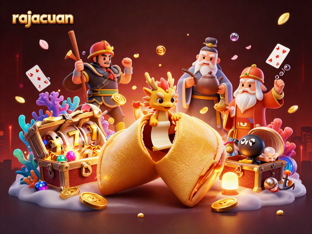 Engage with rajacuan's exciting slot experience amid a vibrant 3D casino scene.