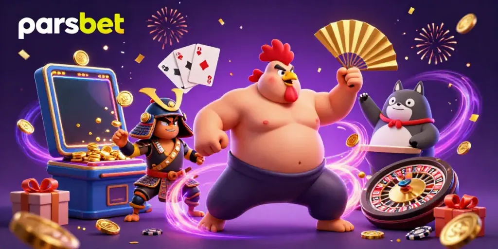 parsbet ile 3D çarpıcı bir casino atmosferi, slot oyunları ve kutlamalar içeren zengin sahne.