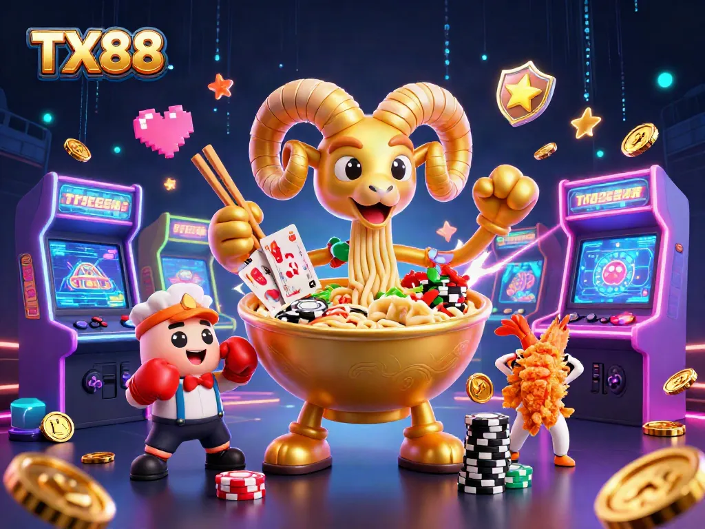 Experience the excitement of TX88 with a vibrant casino scene featuring unique characters and game elements.