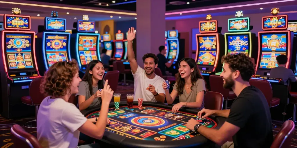 Lucky777 gaming celebration with friends at a vibrant casino.