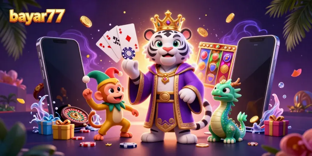 Experience the excitement of bayar77 with a 3D scene featuring gaming characters and dynamic casino elements.