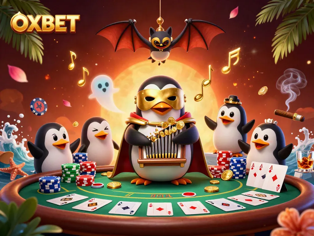 Experience thrilling gameplay at OXBET with a lively cartoon scene featuring a penguin playing a golden organ.