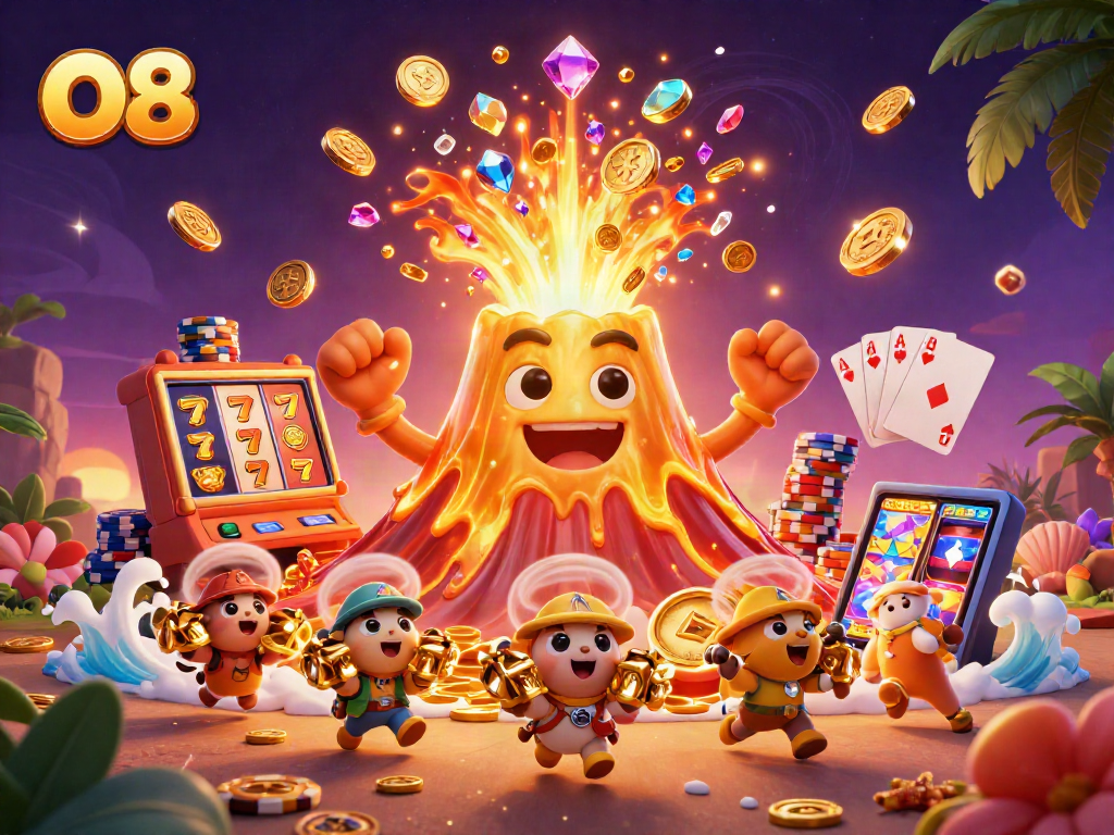 O8 ignites excitement in this vibrant casino scene filled with jackpots, treasures, and animated characters.