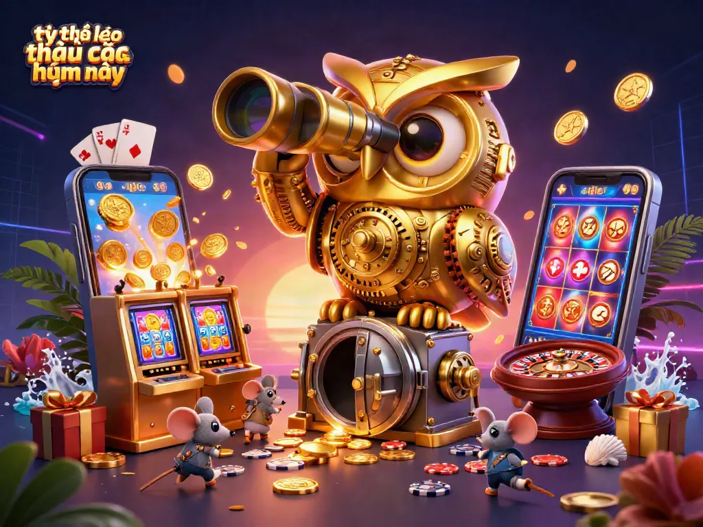 Experience the excitement of tỷ lệ kèo nhà cái hôm nay with a lively illustration of an owl and gambling elements.