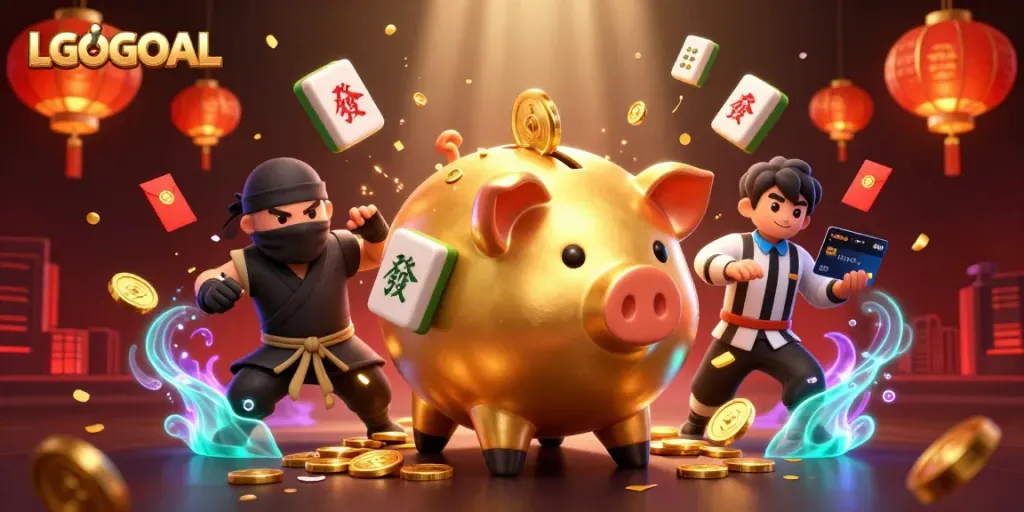 Engage in thrilling gameplay with LGOGOAL's golden piggy bank, vibrant symbols, and dynamic casino elements.