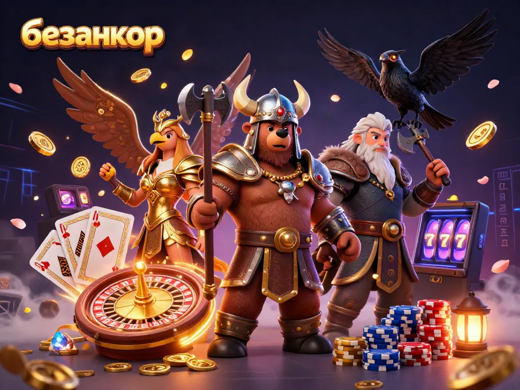 Play thrilling casino games at безанкор, featuring a Viking bear and a Valkyrie amidst dazzling gold coins.