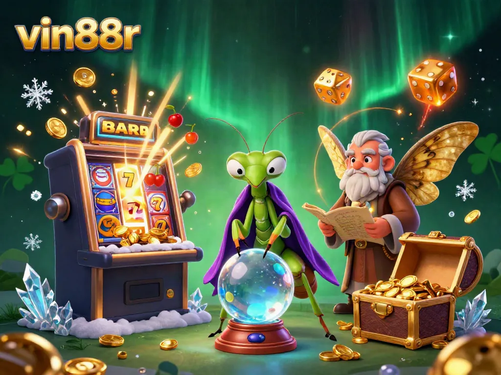 Win big with vin88r: a 3D illustration of a fortune teller, moth librarian, and slot machine bursting with coins.