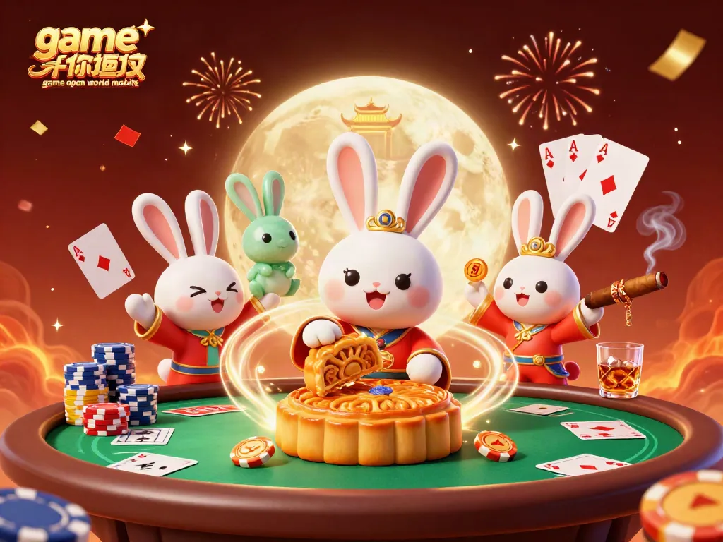 Permainan game open world mobile dengan kelinci bulan 3D di kasino, chip poker dan elemen kasino menyebar.