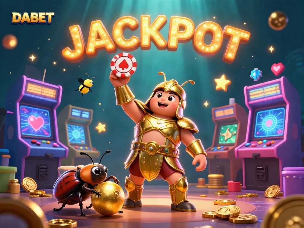 DABET players celebrate a jackpot win with animated beetles and casino elements in an exciting scene