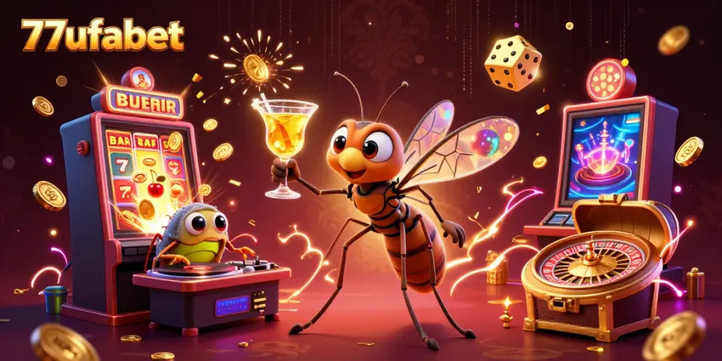 Engage with 77ufabet as a dynamic illustration with casino vibes, slot machines, golden roulette, and electric energy.