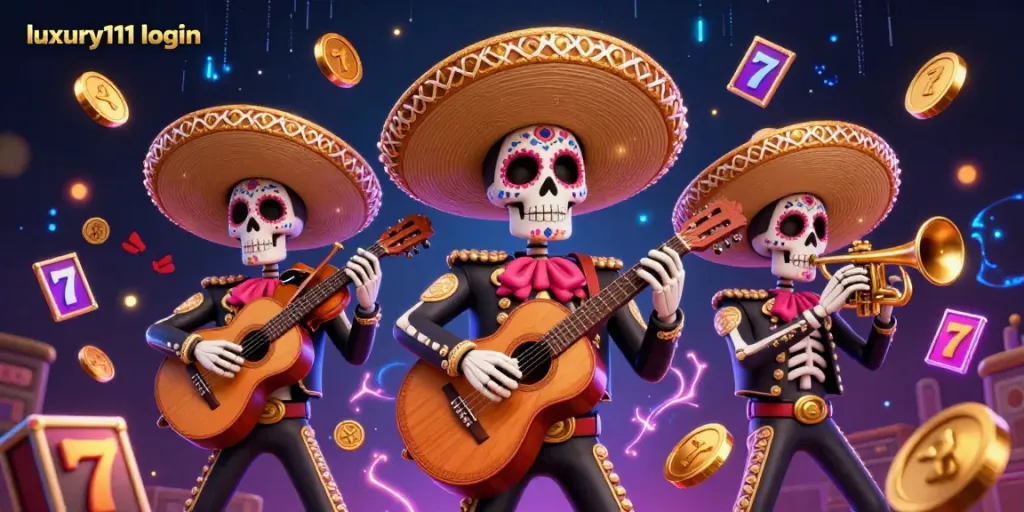 Experience the vibrant luxury111 login scene with mariachi characters and lively slot elements.