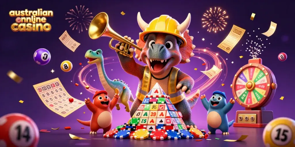 Join the celebration at this vibrant australian online casino australia scene of dinosaurs and casino elements.