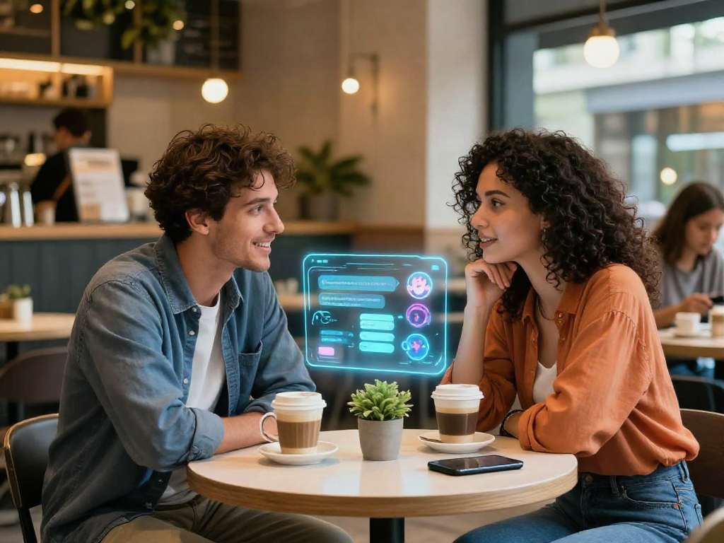 Couple exploring sex ai chat in a modern café, engaging with digital interface