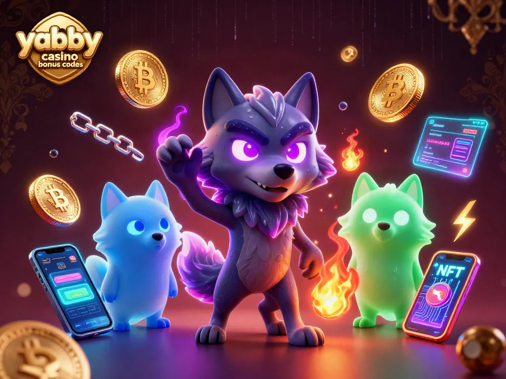 Engage with exciting yabby casino bonus codes in a vibrant 3D casino scene featuring animated ghostly wolves and cryptocurrency.