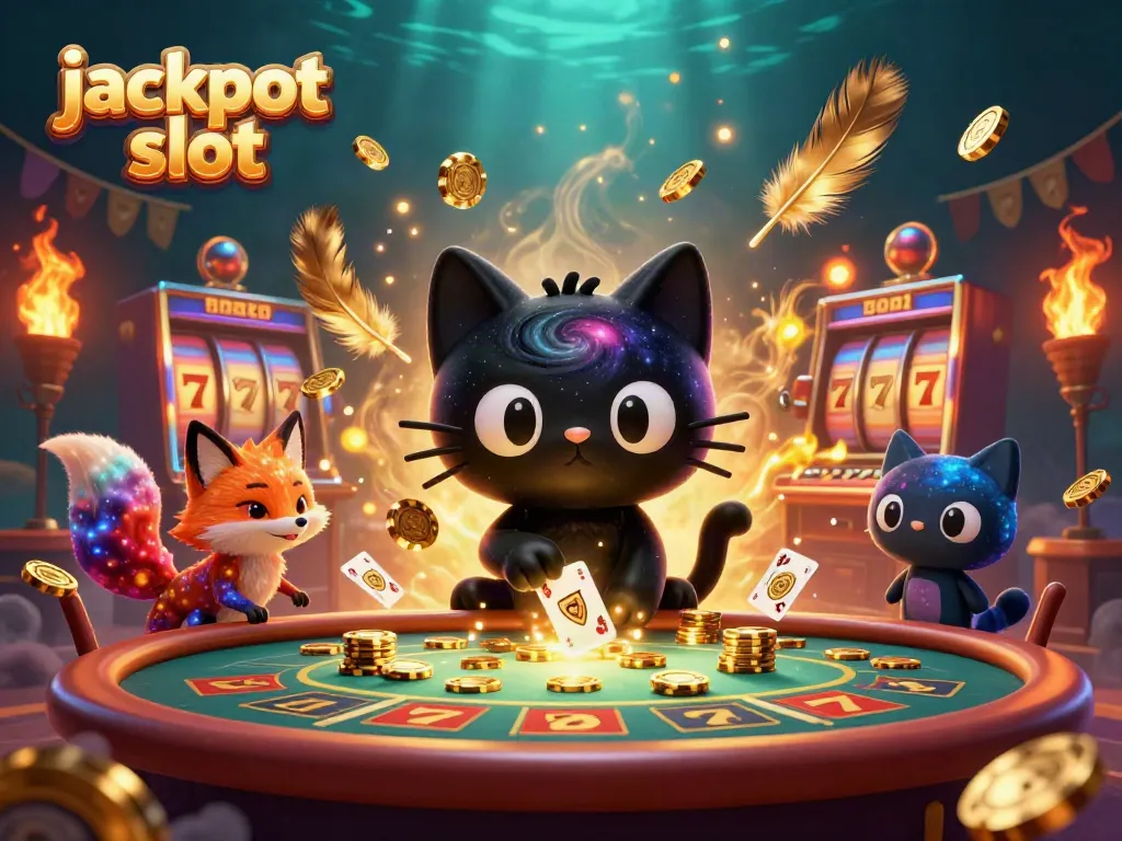 Spin the jackpot slot reels with whimsical characters in a cosmic casino setting.