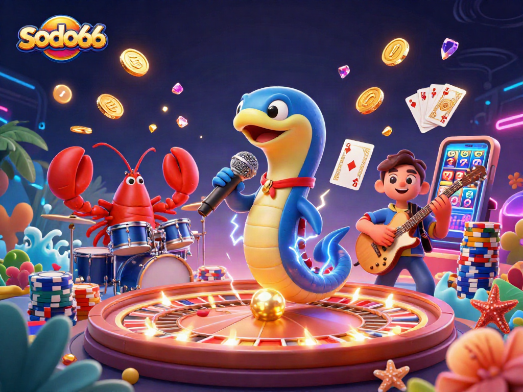 Experience lively gaming with sodo66's electric eel DJ and vibrant casino atmosphere.