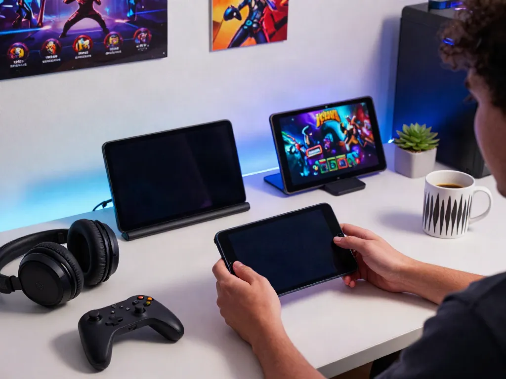 Engaging gaming setup featuring Yono Arcade on a smartphone amidst gaming accessories