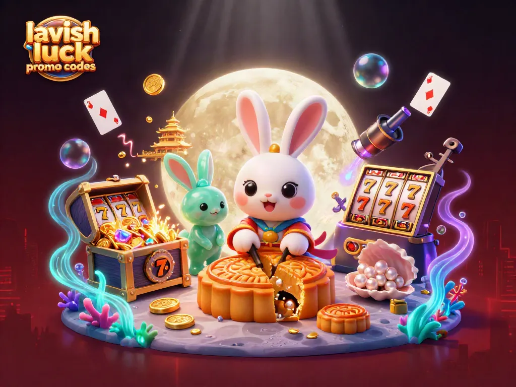 Engage with lavish luck promo codes while exploring a lively casino scene featuring playful moon rabbits and dynamic slot elements.
