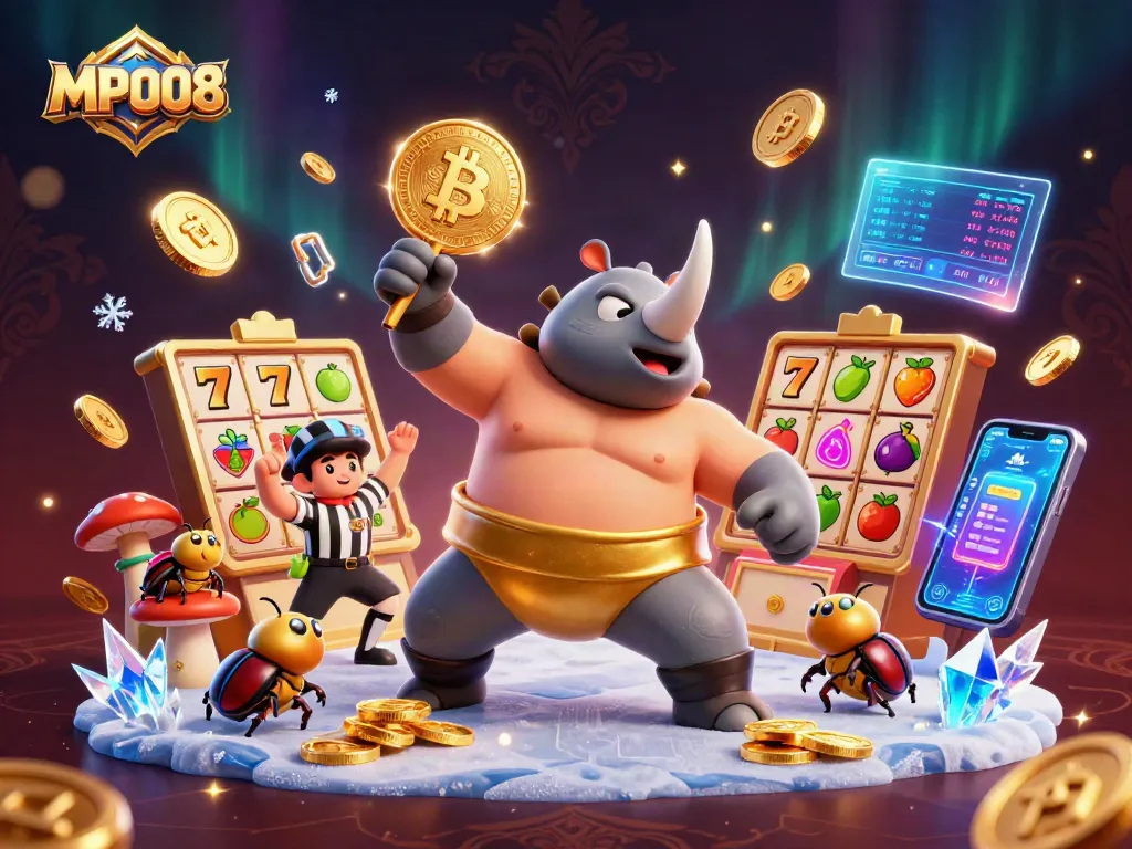 Experience thrilling action with MPO08 in a dynamic sumo wrestling scene featuring sparkling casino elements.