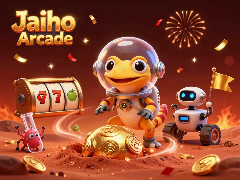 Experience the thrill of Jaiho Arcade as a Martian gecko discovers a golden casino in a vibrant 3D scene.
