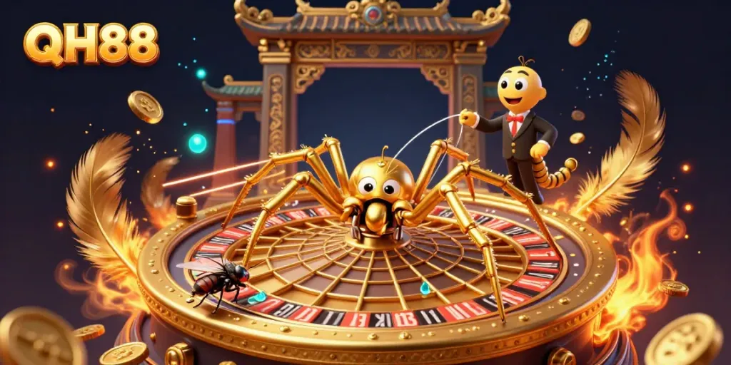 Place bets at the edge of a roulette web in the vibrant QH88 casino scene.