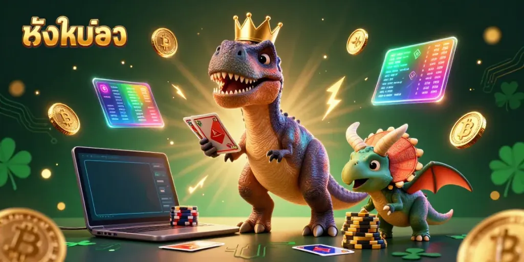 Engage with หนังใหม่ชนโรง in a vibrant casino scene featuring dinosaurs, Bitcoin coins, and neon effects.