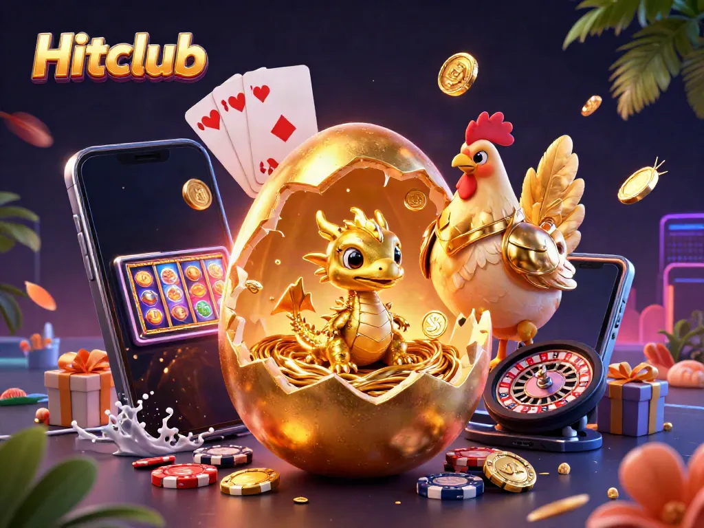 Experience thrilling games at Hitclub with a vibrant illustration of a treasure-themed casino scene.