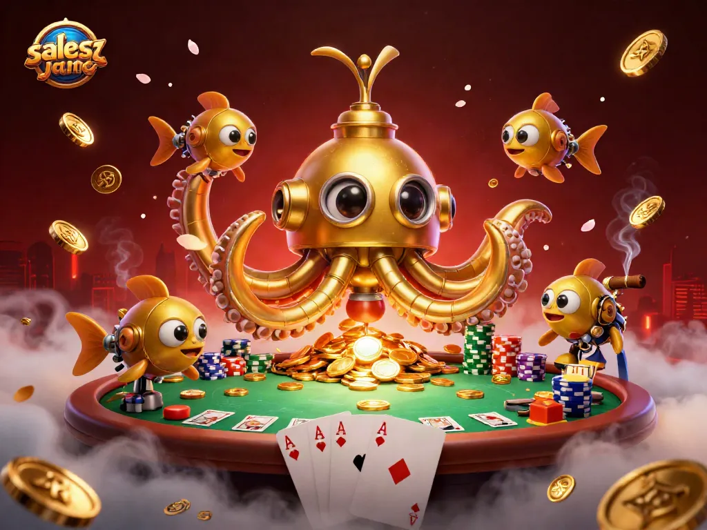 salezjanie grając w kasynie — 3D ilustracja z krakenem i żetonami pokerowymi otoczoną złotymi monetami