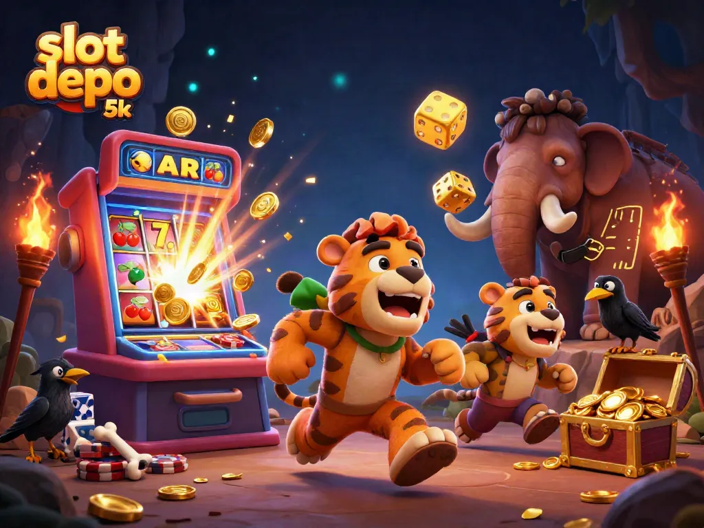 Experience thrilling jackpots at slot depo 5k with a dynamic prehistoric casino illustration.
