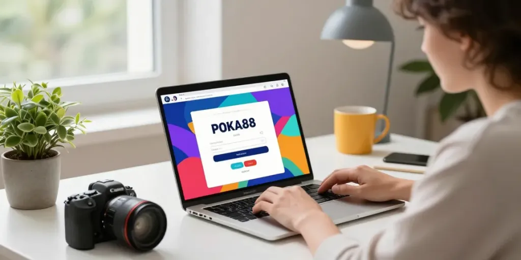 Engaging with the POKA88 link login on a modern laptop, showcasing a vibrant e-commerce workspace.