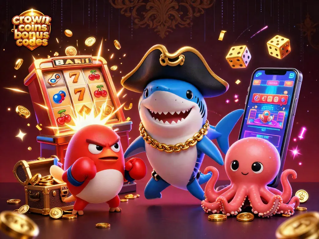 Engage with crown coins bonus codes for thrilling casino rewards, featuring vibrant 3D pirate characters.