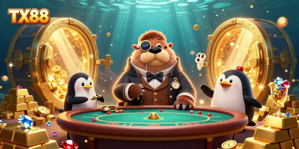 Experience thrilling poker action with TX88's vibrant underwater scene featuring a walrus, penguin dealer, and bluffing pufferfish.