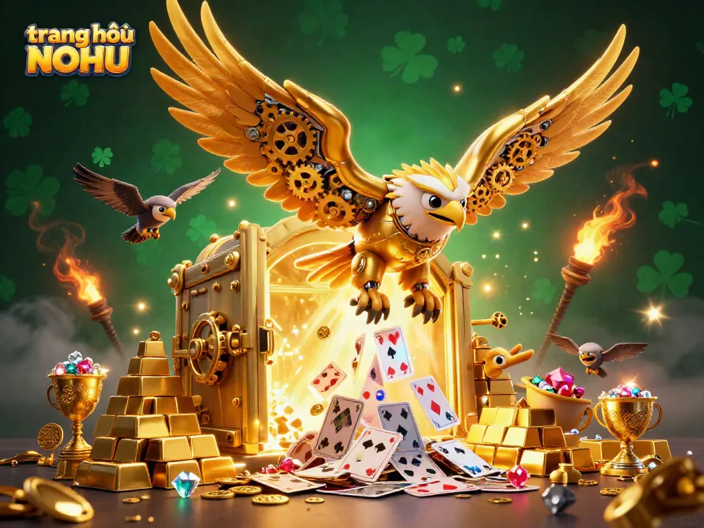 Experience thrilling gameplay at trang chủ NOHU with a vibrant 3D illustration showcasing a golden eagle soaring through holographic cards amidst treasures.