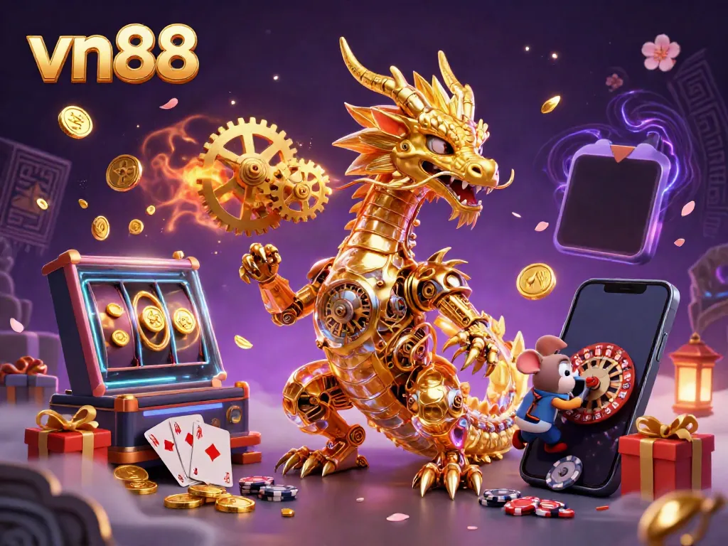 Engage in thrilling casino action with vn88's vibrant slot games, featuring colorful spinning reels and golden rewards.