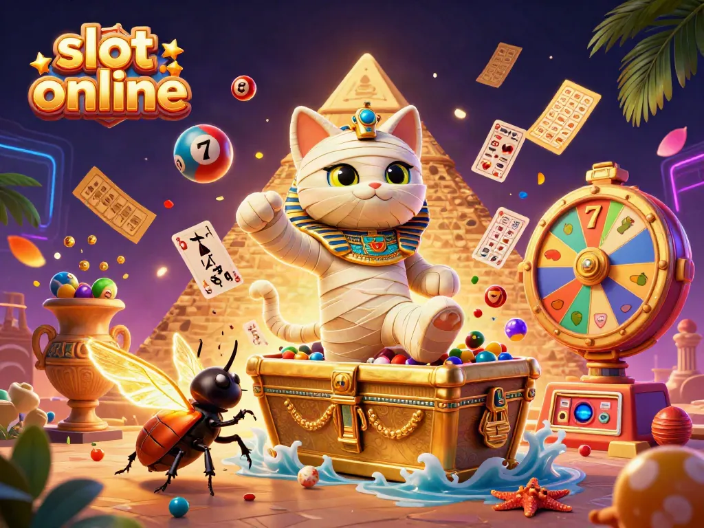 Engage with vivid slot online adventures featuring an Egyptian mummy cat and exciting casino elements.