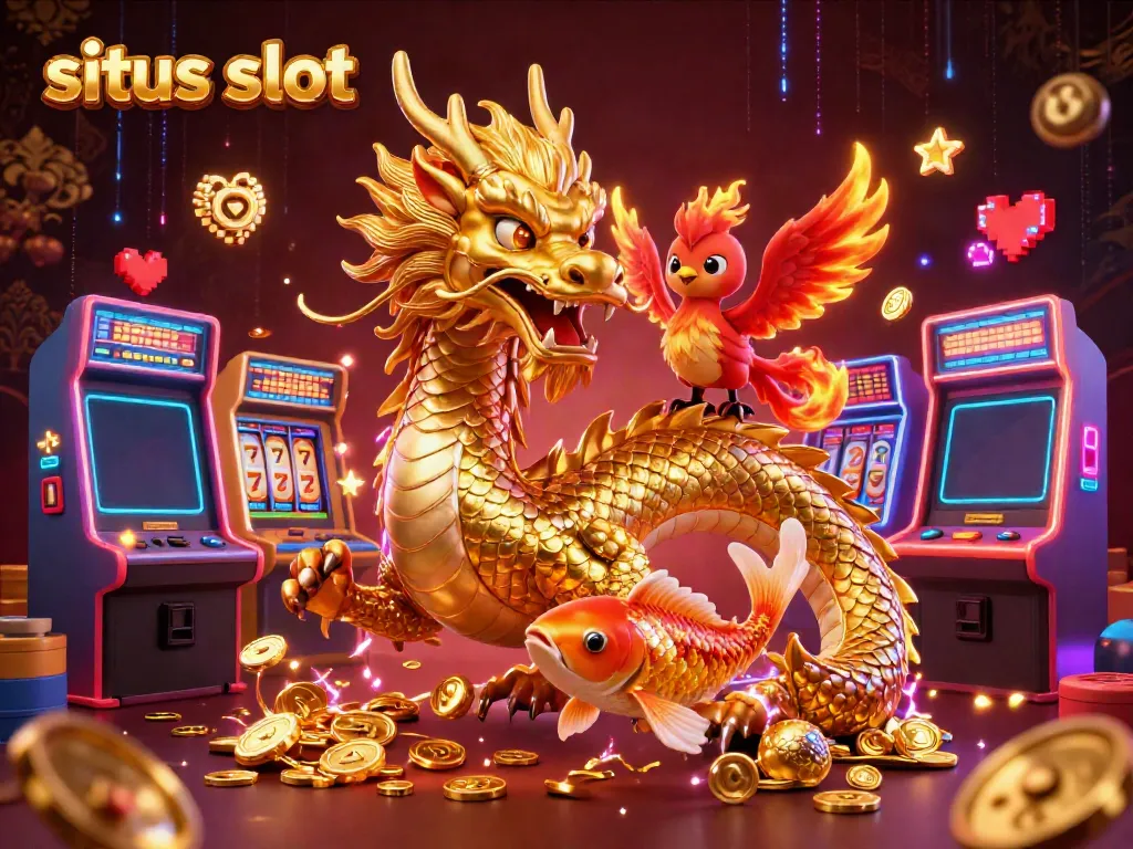 Experience the thrill of situs slot with a dragon, phoenix, and koi fish amidst vibrant game elements.