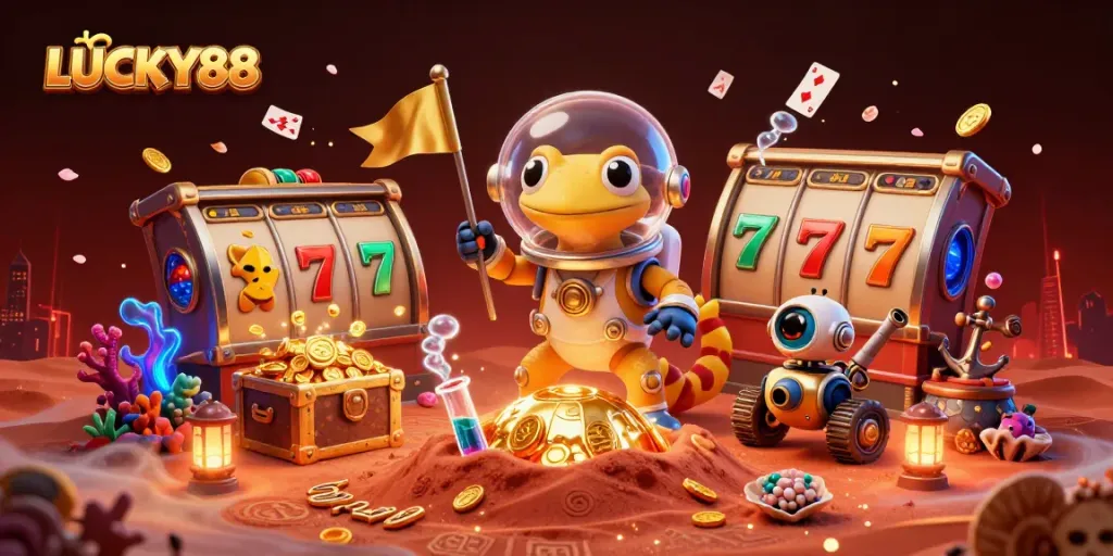 Experience the thrill of LUCKY88 with a Martian gecko discovering a treasure-laden casino in this vibrant 3D illustration.