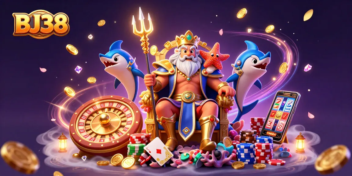 Experience thrilling gameplay with BJ38's casino elements, including vibrant poker chips and roulette.