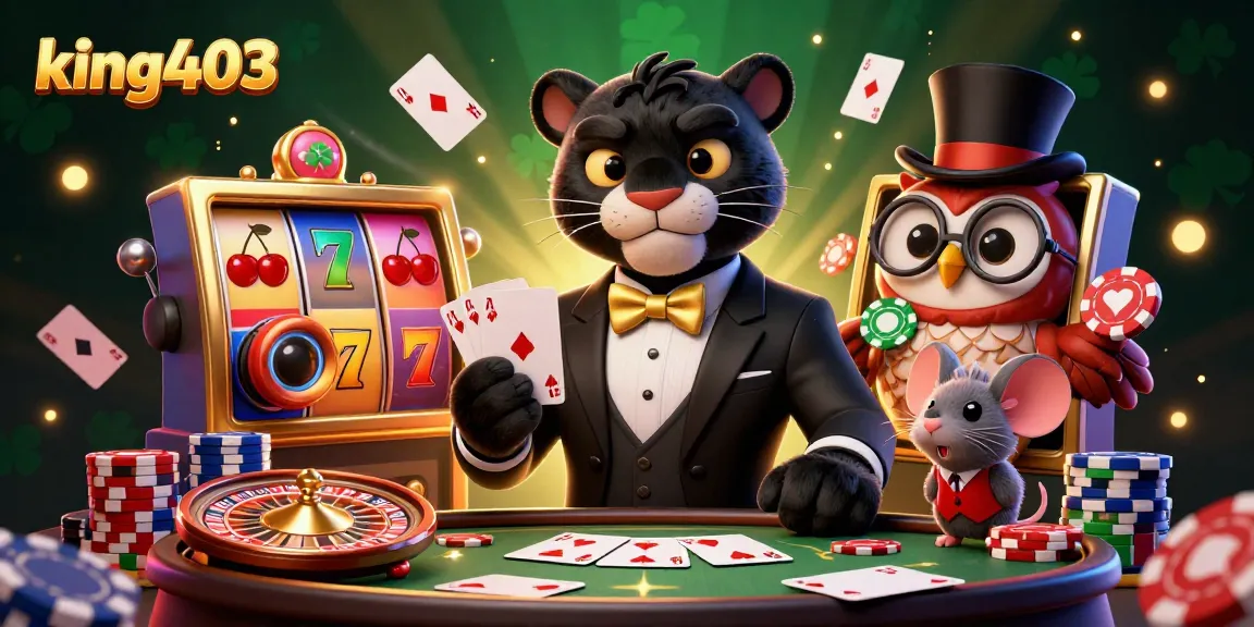 Engage with king403's vibrant casino scene featuring a stylish panther dealing cards amidst slot machines and roulette.