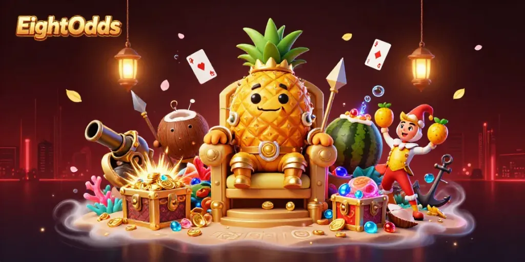 Experience the vibrant atmosphere of EightOdds with a golden pineapple king at a beach casino, surrounded by dynamic elements.