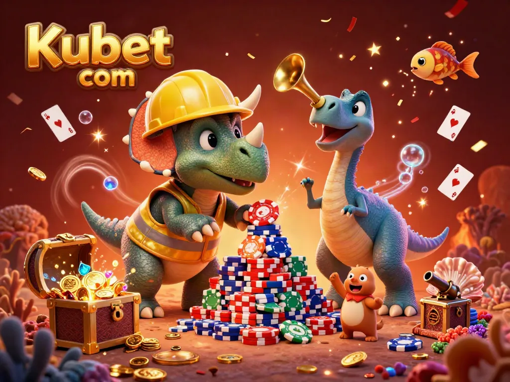 Experience thrilling moments at Kubet com with a celebration scene of cartoon dinosaurs in a colorful casino.