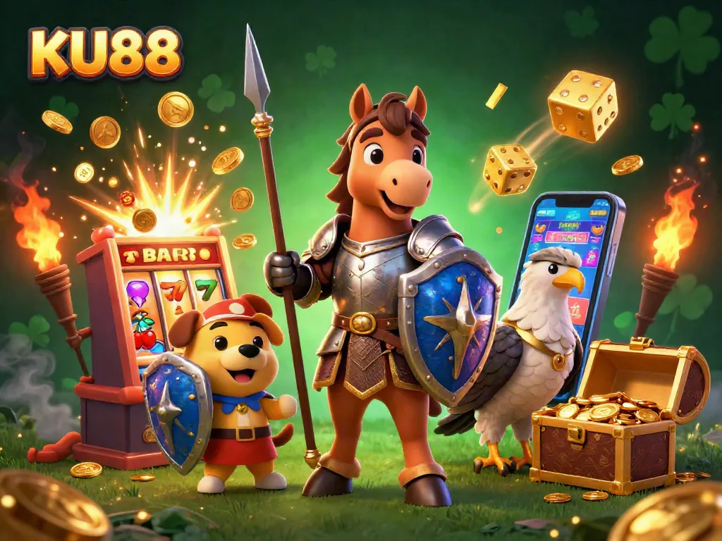 KU88 casino scene showcasing a knight, squire, and falcon, surrounded by vibrant slots and gaming excitement.