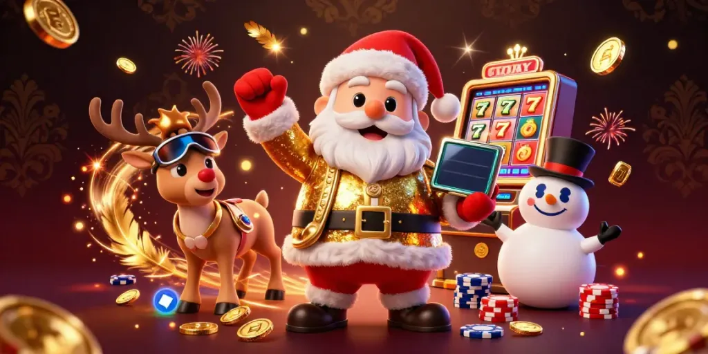 Experience the excitement of vavada casino with Santa and friends celebrating big wins amidst jackpot slots and coins.
