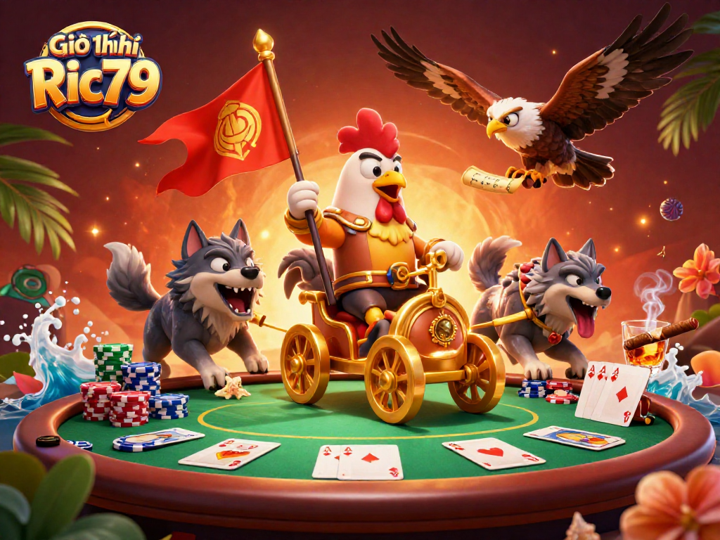 Giới thiệu Ric79 showcases dynamic poker action with a whimsical rooster warlord leading a thrilling casino adventure.