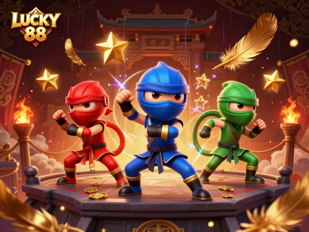 Engaging action from LUCKY 88 with ninja chameleon characters surrounded by casino elements and vibrant effects.