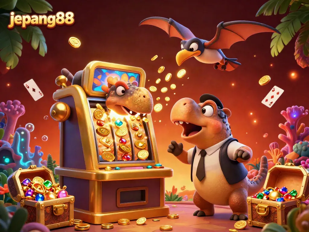 Experience the thrill of jackpot wins with jepang88 as a dinosaur collides with a slot machine, capturing golden coins!