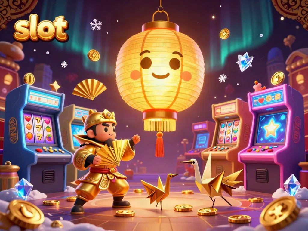 Experience vibrant slot adventures with a golden lantern spirit amidst colorful gaming machines.